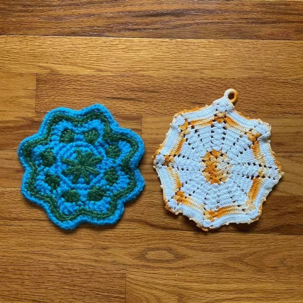 Lot of 2 Vintage 1970s Handmade Crochet Pot Holders Retro Kitchen Cottagecore